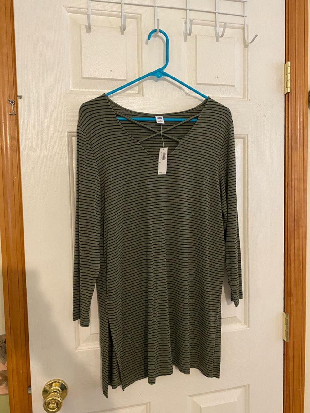 Striped V-Neck Tunic Dress in Olive and Black